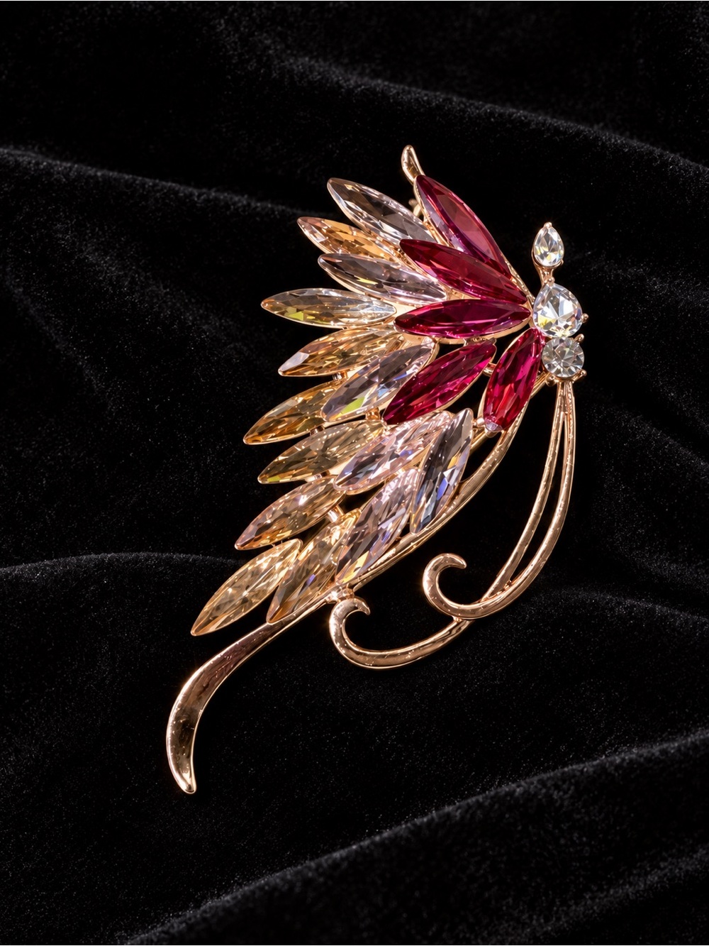 Crystal Feather Wing Brooch - Pink & Gold